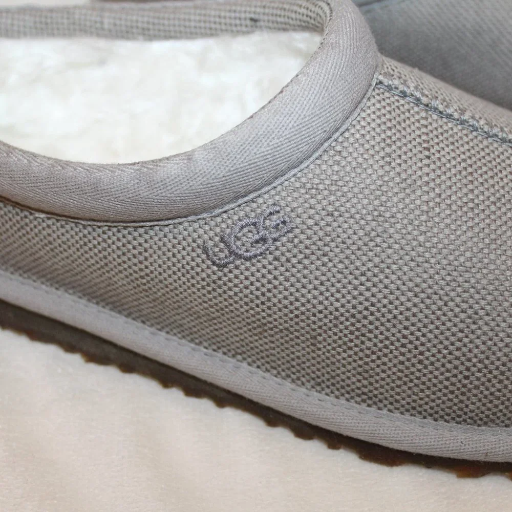 NIB UGG MEN'S CANVAS TASMAN‎ SLIP UP SHEARLING SLIPPERS LIGHT GRAY
